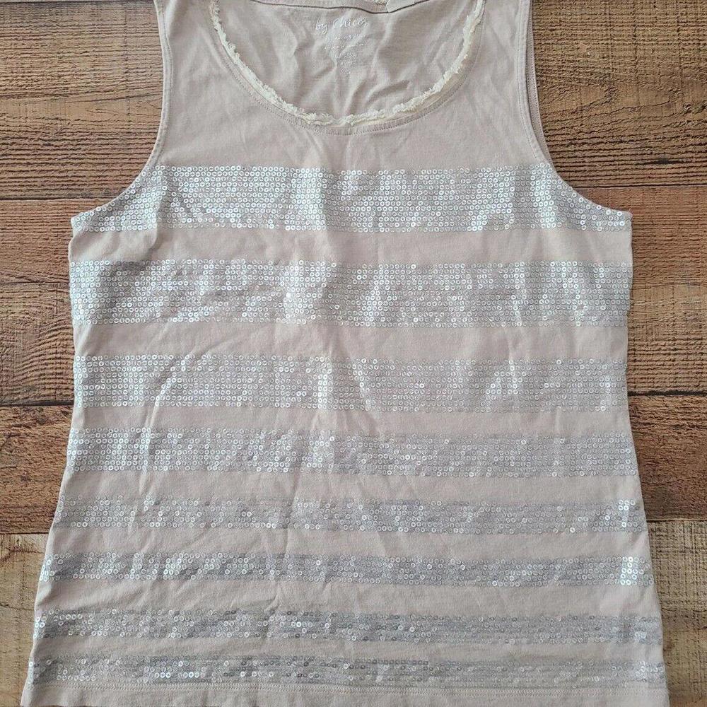 Chicos Tank Top Size 1 Beige Tan Sequin Striped Fringe Hem Dressy